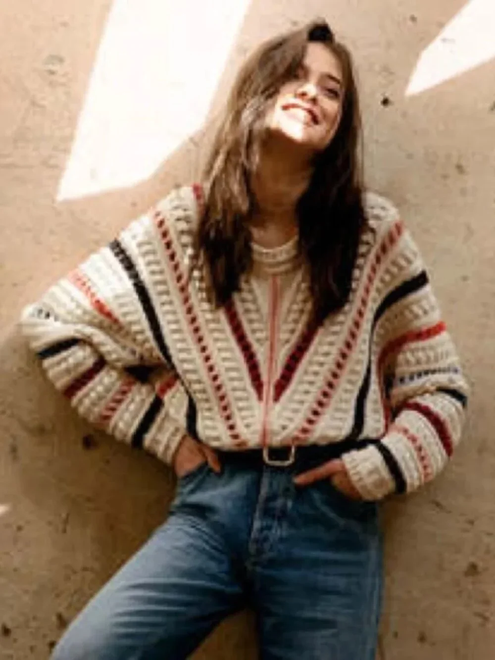 Ba&sh Gardy cropped chunky boho striped knit cotton women's sweater size small - Picture 6 of 6